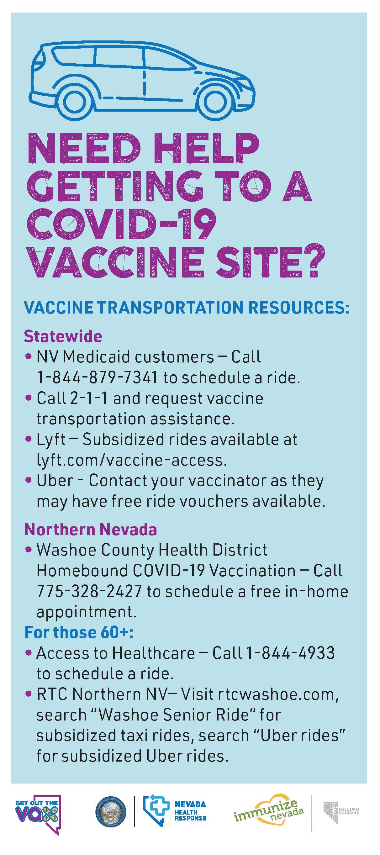 Image preview of an english language rack card outlining transportation resources in northern Nevada